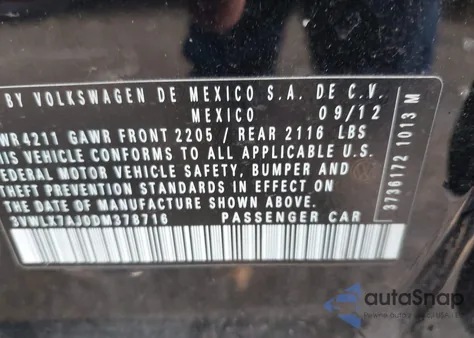 2013 Volkswagen Jetta 2.5L Sel из США, поврежденный, VIN 3VWLX7AJ0DM378716